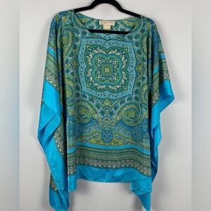 Michael Kors boho style poncho silky feel blouse blue and green design L/XL